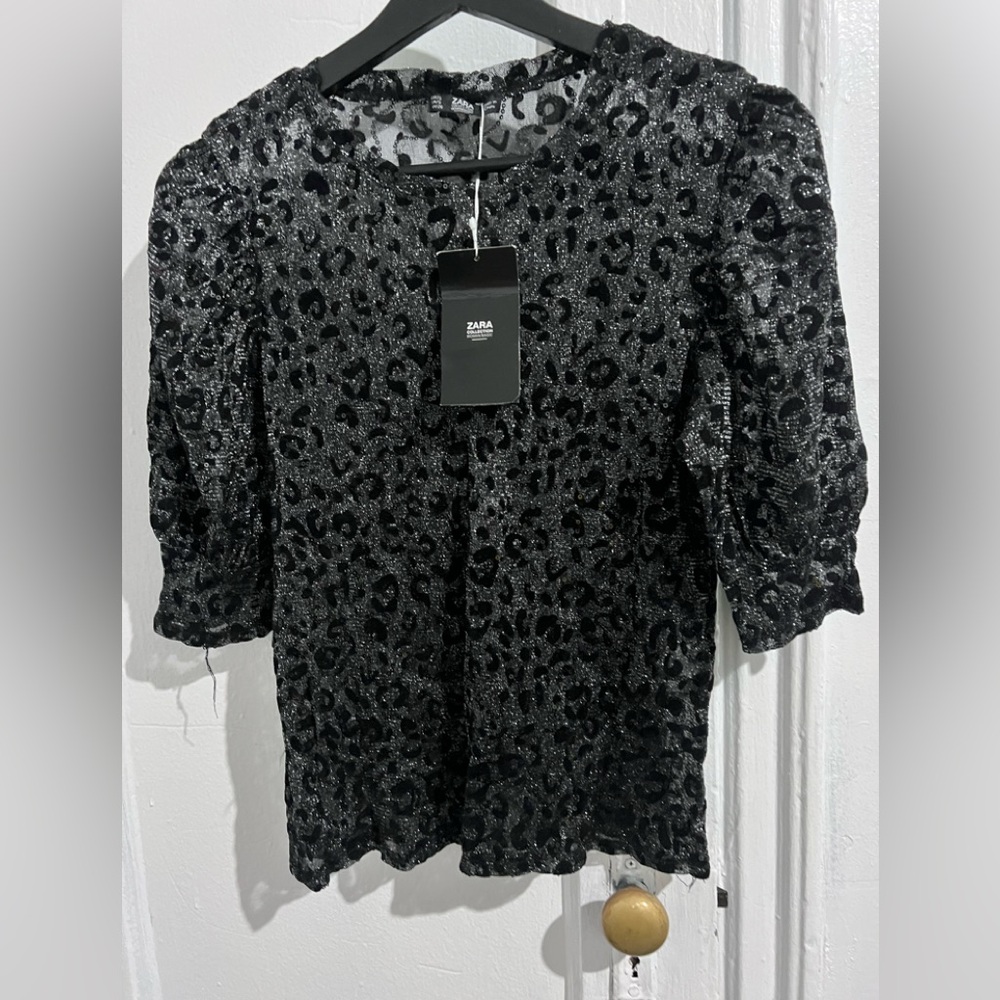 Zara Black and Gray Leopard Print Blouse